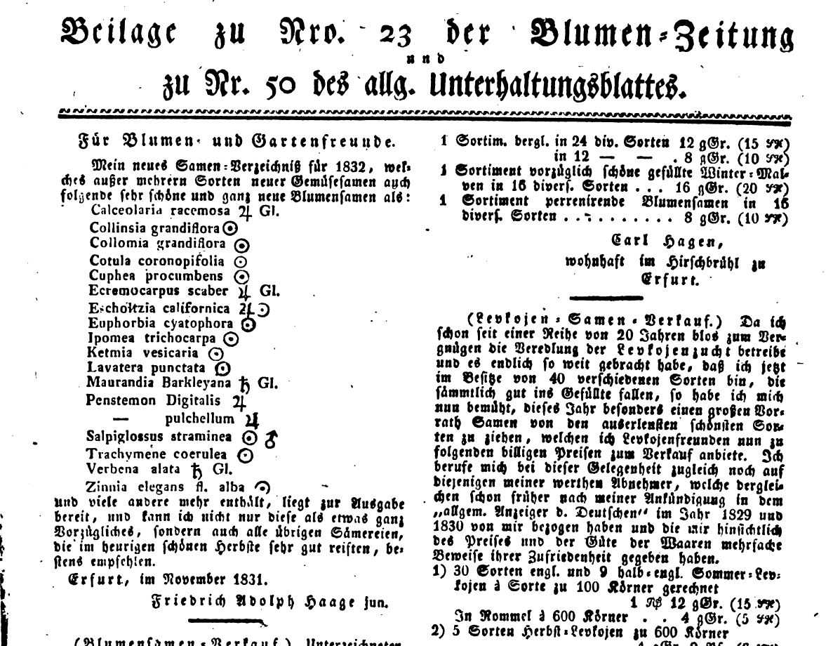 Haage Gärtner in der Blumen-Zeitung 1831